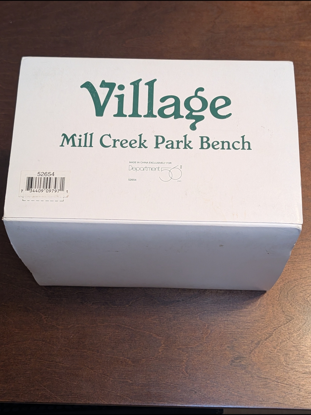 Department 56 Village Mill Creek Park Bench White Box with Green Text